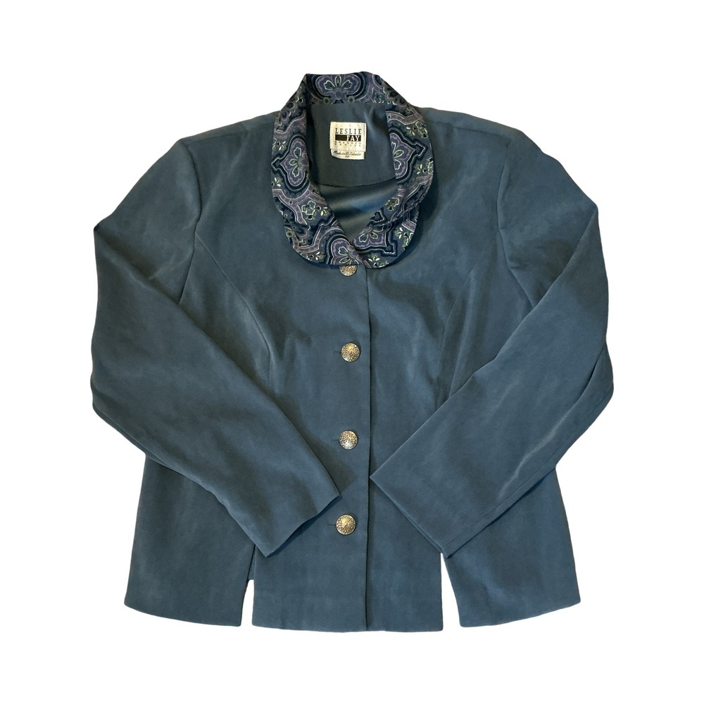 Leslie Fay Petite Blue Faux Suede Blazer Paisley Collar Vintage 10P